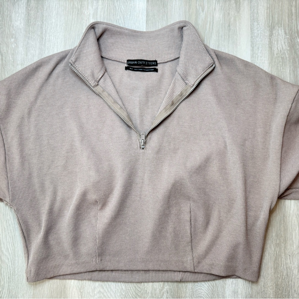 Urban Outfitters Ribbed Zip Sweater in Beige